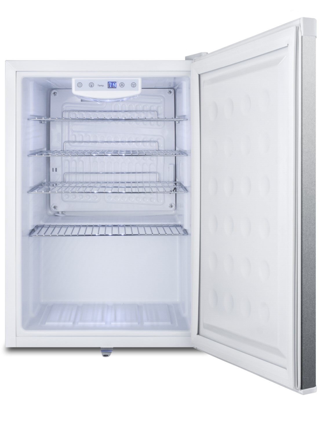 Commercial style countertop all-refrigerator in white with digital thermostat